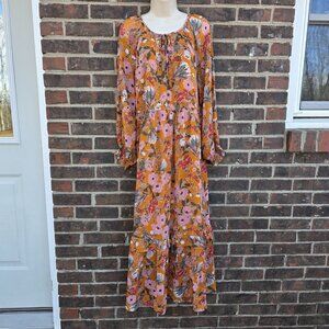 Kate & Sam Burnt Orange Ruffle Maxi Dress Size Medium Pink Long Sleeves Sunset